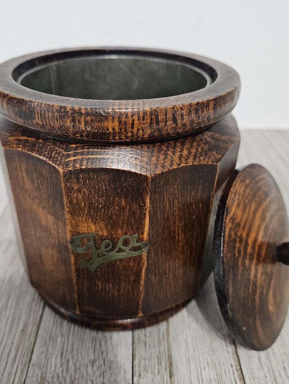 Vintage British Wooden Octagonal Tea Barrel Caddy with Lid and Tin Interior Fres